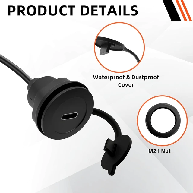 Alt view image 5 of 7 - USB A 3.0 to USB C Panel Mount Extension Cable USB3.0 Male to Type C Female Threaded Fixed Mount Cable Embedded Waterproof Round Converter, 5V/2A 5Gbps, Black (1M/3.3Ft)