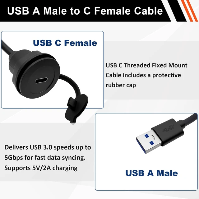 Alt view image 2 of 7 - USB A 3.0 to USB C Panel Mount Extension Cable USB3.0 Male to Type C Female Threaded Fixed Mount Cable Embedded Waterproof Round Converter, 5V/2A 5Gbps, Black (1M/3.3Ft)