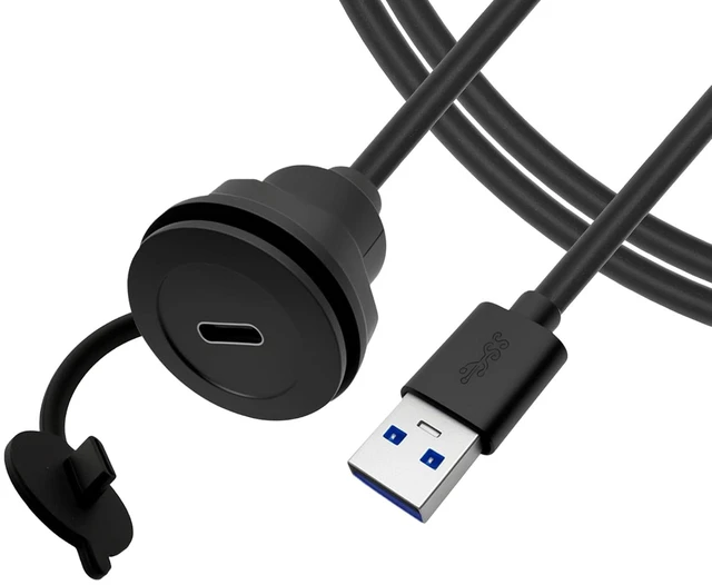 Main image of USB A 3.0 to USB C Panel Mount Extension Cable USB3.0 Male to Type C Female Threaded Fixed Mount Cable Embedded Waterproof Round Converter, 5V/2A 5Gbps, Black (1M/3.3Ft)