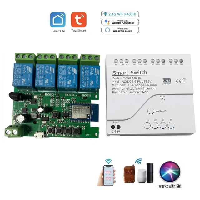 Alt view image 2 of 7 - 4 Channel Smart WiFi RF Bluetooth Wireless Dry Contact Relay Switch Module,Phone app Remote Control,Compatible with Alexa Google Home (Tuya 4CH 5V AC/DC7-32V)