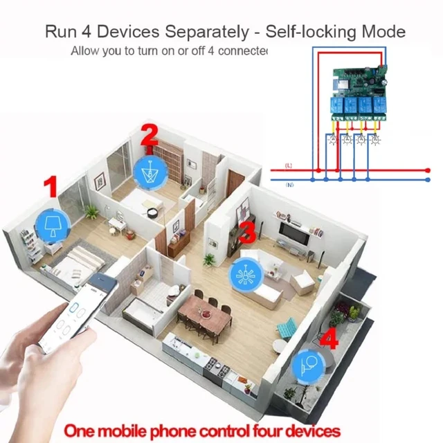 Alt view image 5 of 7 - 4 Channel Smart WiFi RF Bluetooth Wireless Dry Contact Relay Switch Module,Phone app Remote Control,Compatible with Alexa Google Home (Tuya 4CH 5V AC/DC7-32V)