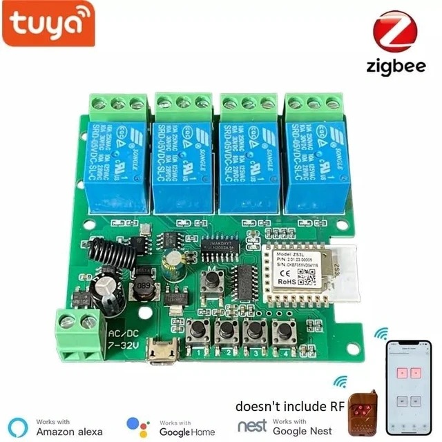 Alt view image 2 of 7 - 4 Channel 12V ZigBee Relay Switch with Clean Contact, Adjustable Self-Lock and Momentary Interlock Working Mode,Automate Garage Gate Door Blind(Zigbee Hub Needed)