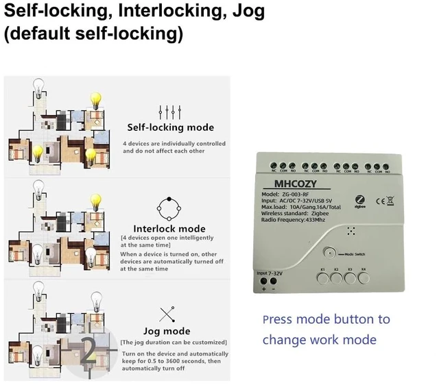 Alt view image 7 of 7 - 4 Channel 12V ZigBee Relay Switch with Clean Contact, Adjustable Self-Lock and Momentary Interlock Working Mode,Automate Garage Gate Door Blind(Zigbee Hub Needed)