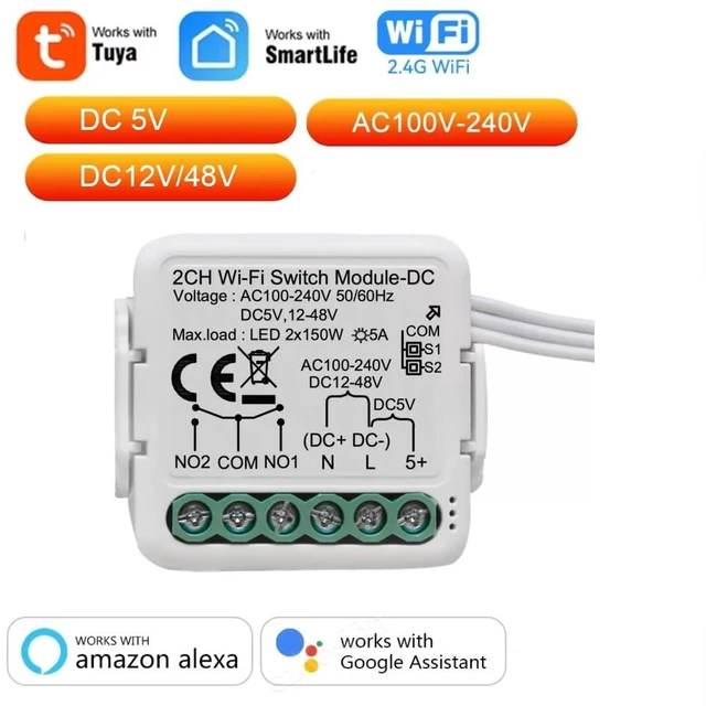Alt view image 2 of 7 - Tuya Smart Life app Dry Contact WiFi Relay Switch Module,2 Channel DC 5V 12/24V AC 100-240V,Compatible with Alexa Google Home