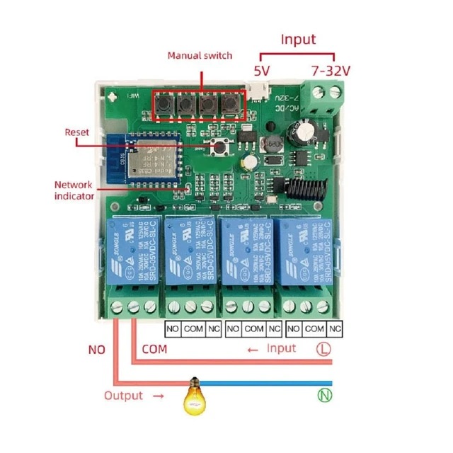 Alt view image 3 of 7 - 4 Channel Smart WiFi RF Bluetooth Wireless Dry Contact Relay Switch Module,Phone app Remote Control,Compatible with Alexa Google Home (Tuya 4CH 5V AC/DC7-32V)
