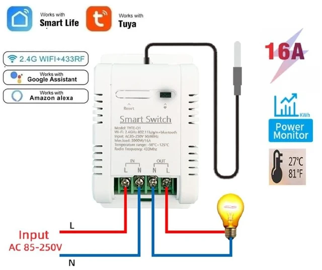Alt view image 2 of 7 - WiFi Temperature Controller Sensor Module, Tuya app Wireless Remote 16A Smart Switch with Energy Consumption Monitoring,Compatible with Alexa Google