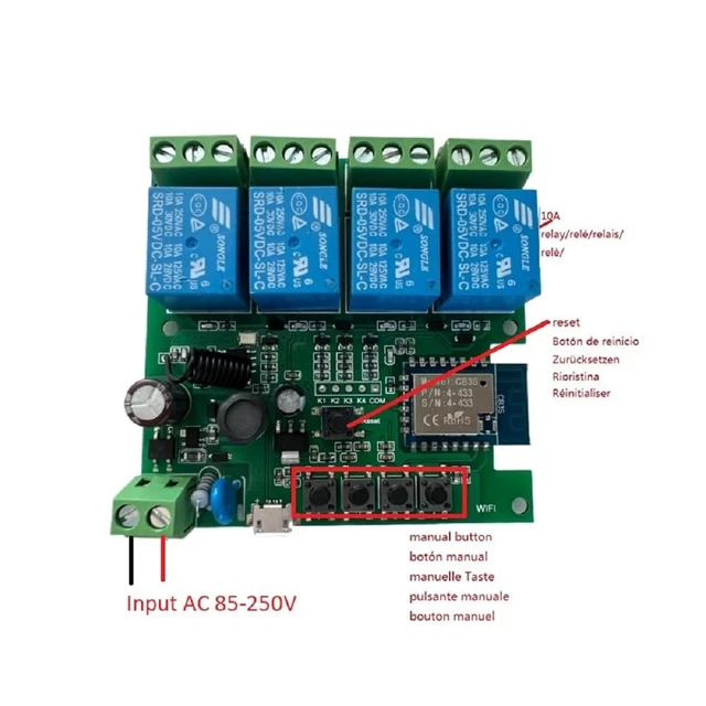 Alt view image 3 of 7 - 4 Channel USB 5V AC 85-250V Smart WiFi Wireless Dry Contact Relay Switch Module,Tuya Smart Life app Remote Control,Compatible with Alexa Google Home