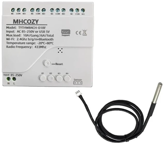 Main image of Tuya app WiFi Temperature Sensor Controller,Phone Monitor and Control Temperature Anywhere,4 Channel 110v 10A Dry Contact Relay Switch,Compatible with Alexa Google Home