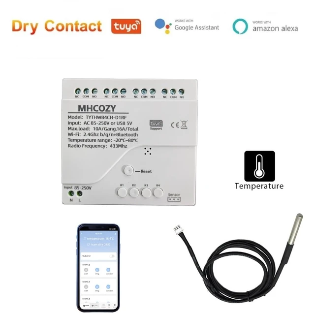 Alt view image 2 of 7 - Tuya app WiFi Temperature Sensor Controller,Phone Monitor and Control Temperature Anywhere,4 Channel 110v 10A Dry Contact Relay Switch,Compatible with Alexa Google Home