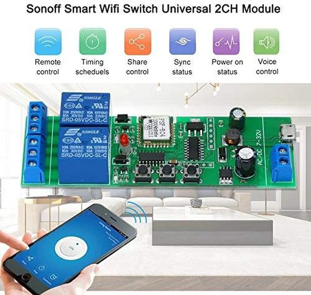 Alt view image 2 of 6 - WiFi Wireless Smart Switch Relay Module for Smart Home 5V 5V/12VBa Applied to Access Control, Turn on PC, Garage Door (2CH WiFi Inching Relay)