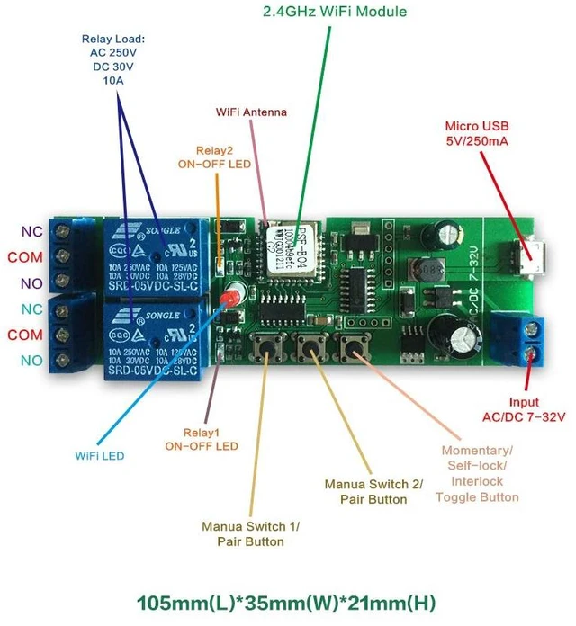 Alt view image 3 of 6 - WiFi Wireless Smart Switch Relay Module for Smart Home 5V 5V/12VBa Applied to Access Control, Turn on PC, Garage Door (2CH WiFi Inching Relay)