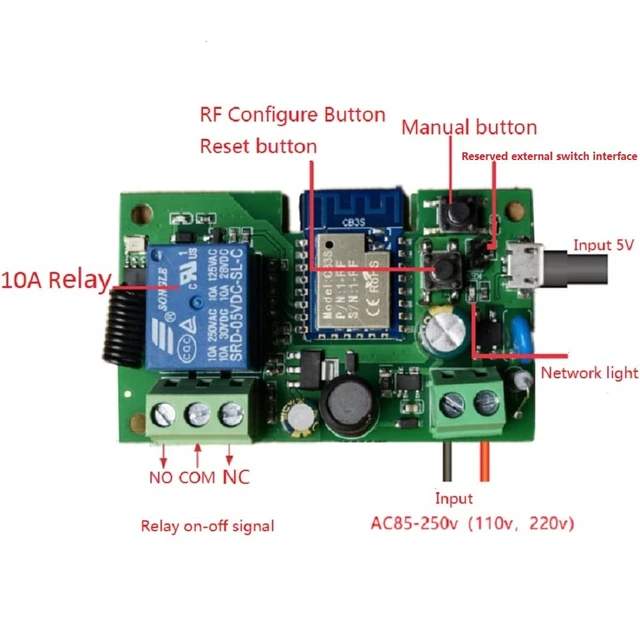 Alt view image 3 of 7 - Updated WiFi Wireless Smart Switch Inching Self-Locking Relay Module,be Applied to Access Control,DIY WiFi Garage Door Opener (Smart Life app 1CH 85-250v)