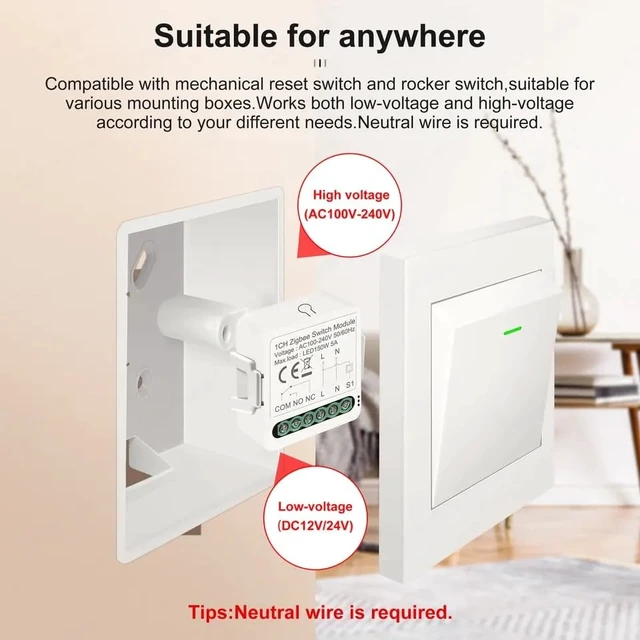 Alt view image 3 of 7 - 1 Channel DC 12V 24V AC 100-240V Tuya Smart Life app Dry Contact Zigbee Smart Relay Switch Module,Compatible with Alexa Google Home