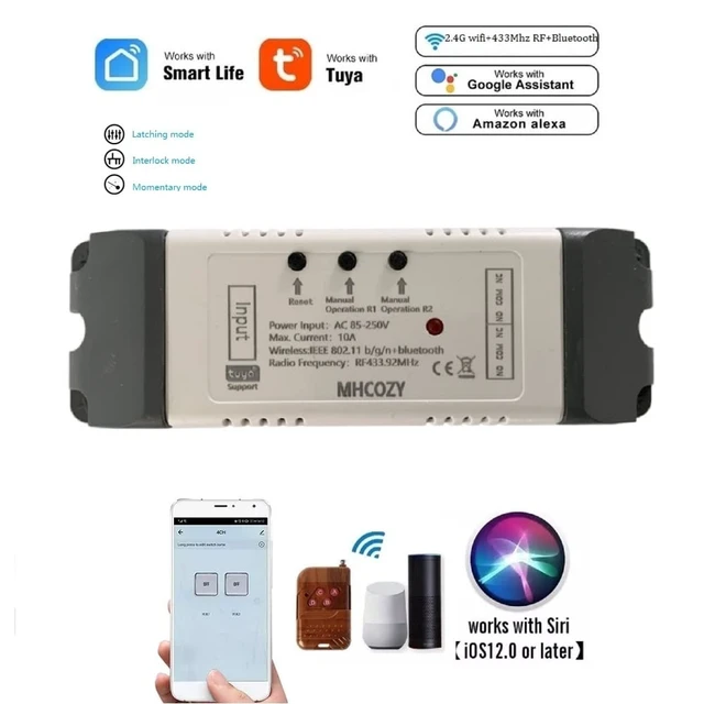 Alt view image 2 of 6 - 2CH WiFi RF Wireless Switch Relay,Tuya App Remote Timer Control Linear Actuator Door Access Light,Compatible with Alexa Goolge Home (Smart Life app WiFi RF AC 85-250V)