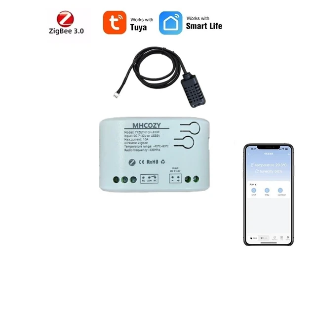 Alt view image 2 of 7 - Zigbee Temperature & Humidity Controller, Extendable Probe Sensor, Tuya App Remote, 10A Relay Switch (T&H, 12, Volts)