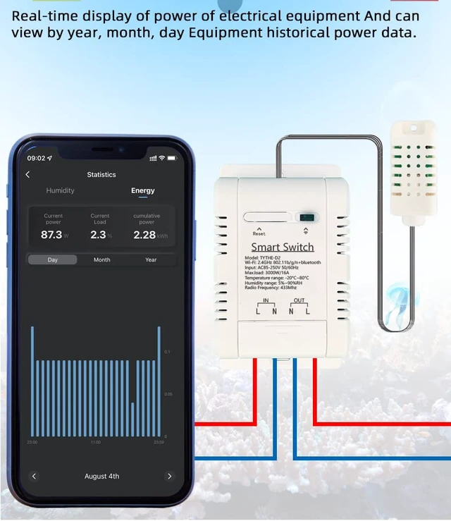 Alt view image 3 of 6 - WiFi Wireless Temperature Controller,Include Temperature Probe Sensor ,Tuya app Remote 16A Smart Switch with Energy Consumption Monitoring,Work with Alexa Google (Temperature and Humidity)