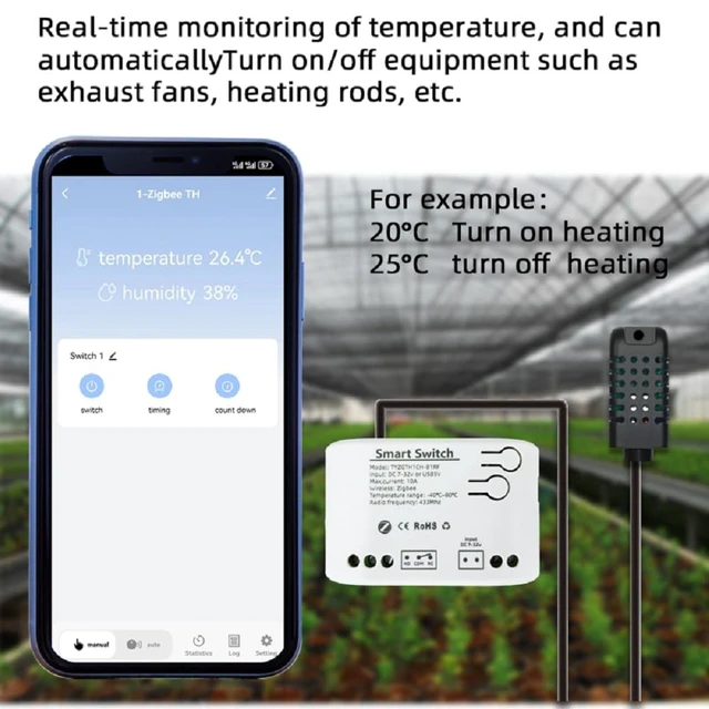 Alt view image 5 of 7 - Zigbee Temperature & Humidity Controller, Extendable Probe Sensor, Tuya App Remote, 10A Relay Switch (T&H, 12, Volts)