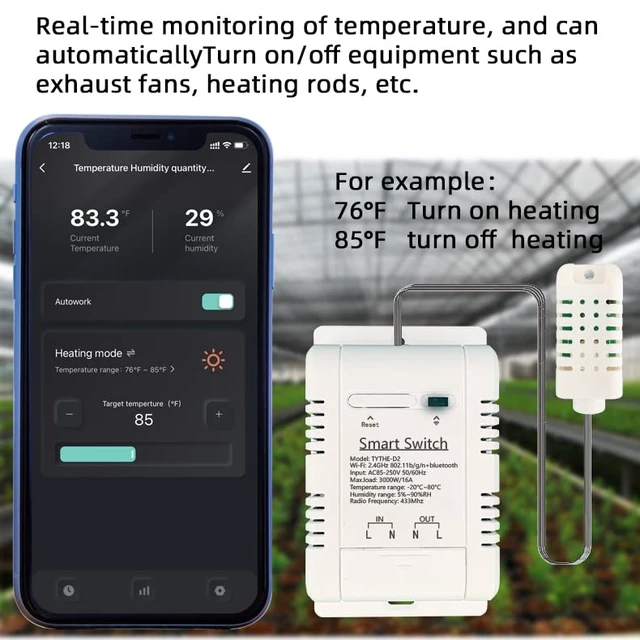 Alt view image 5 of 6 - WiFi Wireless Temperature Controller,Include Temperature Probe Sensor ,Tuya app Remote 16A Smart Switch with Energy Consumption Monitoring,Work with Alexa Google (Temperature and Humidity)