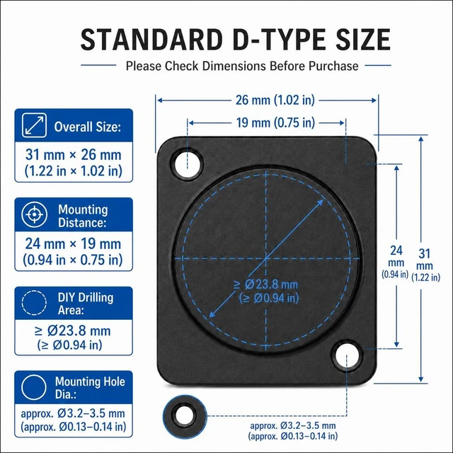 Alt view image 2 of 6 - The D-Type Blank Panel Plate, Zinc Alloy D Series Hole Filler Plate for DIY Audio Connector Mounting, Black Metal D-Shape Socket Cover Plate (5 Pcs)