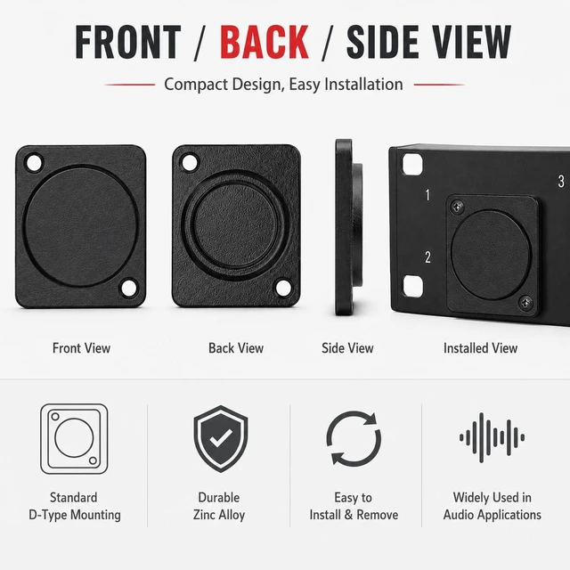 Alt view image 6 of 6 - The D-Type Blank Panel Plate, Zinc Alloy D Series Hole Filler Plate for DIY Audio Connector Mounting, Black Metal D-Shape Socket Cover Plate (5 Pcs)