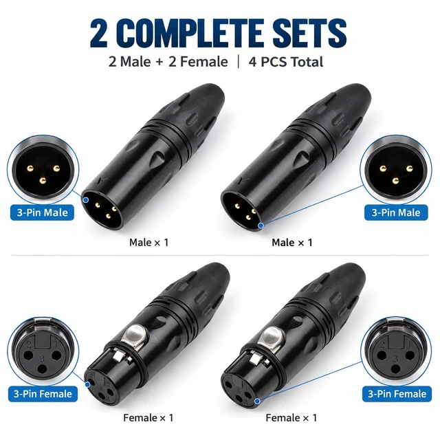 Alt view image 2 of 6 - 3 Pin XLR Male and Female Connectors, 4 Pack XLR Cable Connectors, 2 Male 2 Female, Solder Type Audio Microphone Cable Plugs with Strain Relief, Black(2 Pairs)