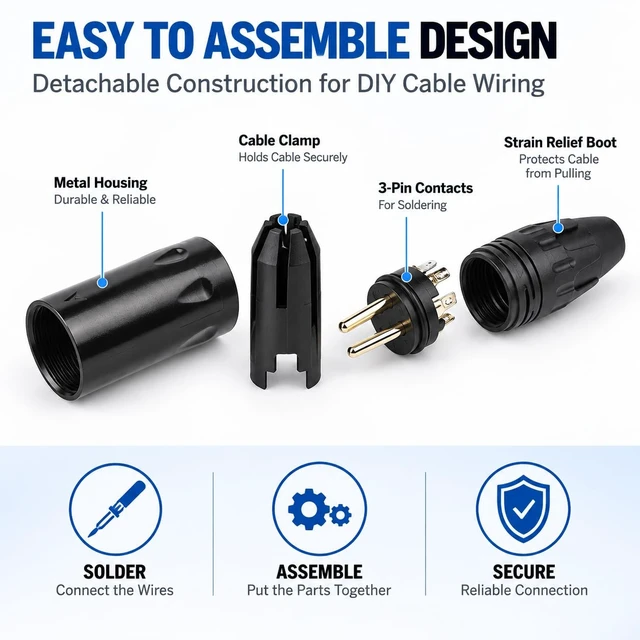 Alt view image 3 of 6 - 3 Pin XLR Male and Female Connectors, 4 Pack XLR Cable Connectors, 2 Male 2 Female, Solder Type Audio Microphone Cable Plugs with Strain Relief, Black(2 Pairs)