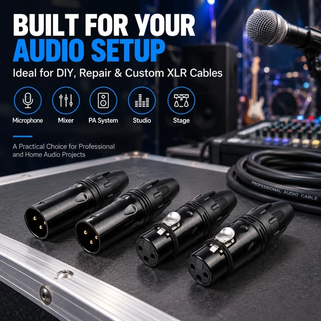 Alt view image 6 of 6 - 3 Pin XLR Male and Female Connectors, 4 Pack XLR Cable Connectors, 2 Male 2 Female, Solder Type Audio Microphone Cable Plugs with Strain Relief, Black(2 Pairs)