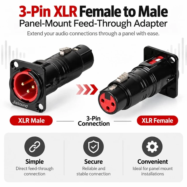Alt view image 2 of 6 - 2PCS 3-Pin D-Shape XLR Male to Female Panel Mount Connector, Panel-Mount Audio Feed-Through Adapter for Microphone, Audio Rack, Stage Box and Patch Panel