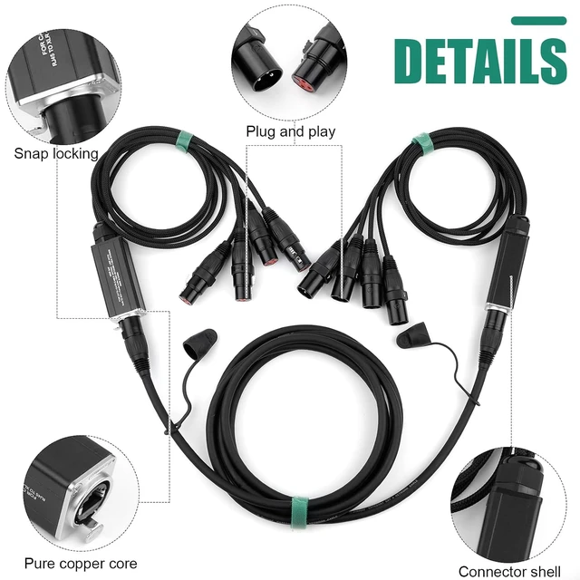 Alt view image 5 of 5 - 4 Channel Snake Audio Cable Breakout Extender XLR to Ethercon RJ45 CAT5/CAT6 for Live Stage Sound Lighting Recording (Pair with 2Ft Cables)
