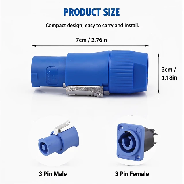 Alt view image 5 of 7 - 3 PIN AC Powercon Connector Male Plug 20A/250V for Stage Light LED Screen Blue Connector Compatible with NAC3FCA, NAC3FCB, NAC3MA-1, NAC3MPB-1 ConnectorBlue_5 Pcs