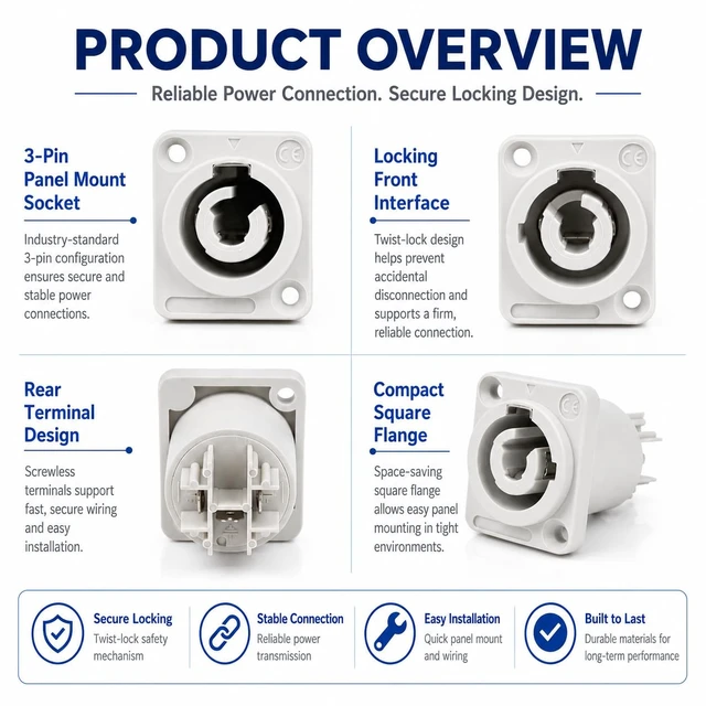 Alt view image 2 of 7 - 3 PIN AC Powercon Connector Male Plug 20A/250V for Stage Light LED Screen White Output Socket Compatible with NAC3FCA, NAC3FCB, NAC3MA-1, NAC3MPB-1 Connector.White_Socket_5 Pcs