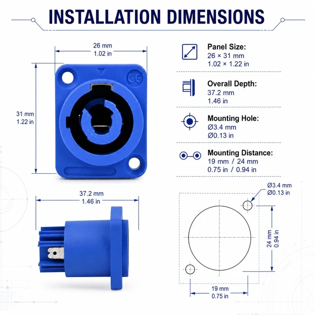 Alt view image 4 of 7 - 3 PIN AC Powercon Connector Male Plug 20A/250V for Stage Light LED Screen Blue Input Socket Compatible with NAC3FCA, NAC3FCB, NAC3MA-1, NAC3MPB-1 Connector.Blue_Socket_5 Pcs