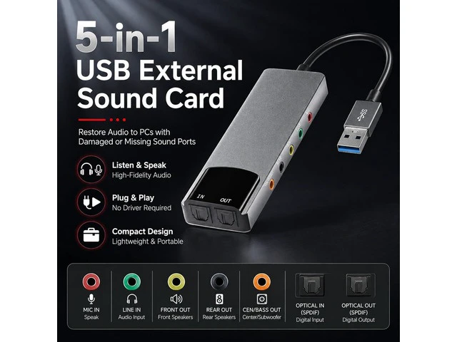 Alt view image 2 of 7 - External Sound Card Adapter with Optical Input Output, Audio Interface with 5.1 7.1 Channel Noise Reduction, Plug and Play for PC, Laptop (Aluminum Alloy)