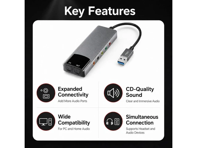 Alt view image 3 of 7 - External Sound Card Adapter with Optical Input Output, Audio Interface with 5.1 7.1 Channel Noise Reduction, Plug and Play for PC, Laptop (Aluminum Alloy)