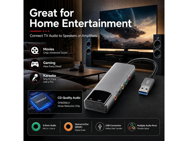 Alt view image 5 of 7 - External Sound Card Adapter with Optical Input Output, Audio Interface with 5.1 7.1 Channel Noise Reduction, Plug and Play for PC, Laptop (Aluminum Alloy)