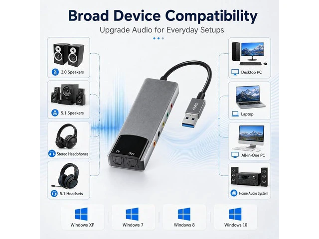 Alt view image 7 of 7 - External Sound Card Adapter with Optical Input Output, Audio Interface with 5.1 7.1 Channel Noise Reduction, Plug and Play for PC, Laptop (Aluminum Alloy)