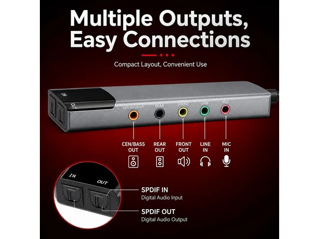Alt view image 6 of 7 - External Sound Card Adapter with Optical Input Output, Audio Interface with 5.1 7.1 Channel Noise Reduction, Plug and Play for PC, Laptop (Aluminum Alloy)