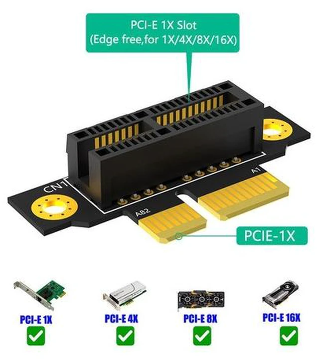 Alt view image 4 of 7 - x1 Right-Angle Riser Card PCI-E 1x Reverse Direction Adapter, 90-Degree Slot Converter for Space-Saving / Low-Profile Systems