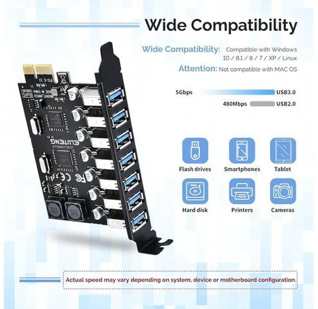 Alt view image 3 of 7 - PCIE USB 3.0 Card 7 Ports PCI Expree to USB Expansion Card Super Speed 5Gbps PCI-e USB3.0 Hub Controller Adapter for Windows 11/10/8/7/XP/Vista