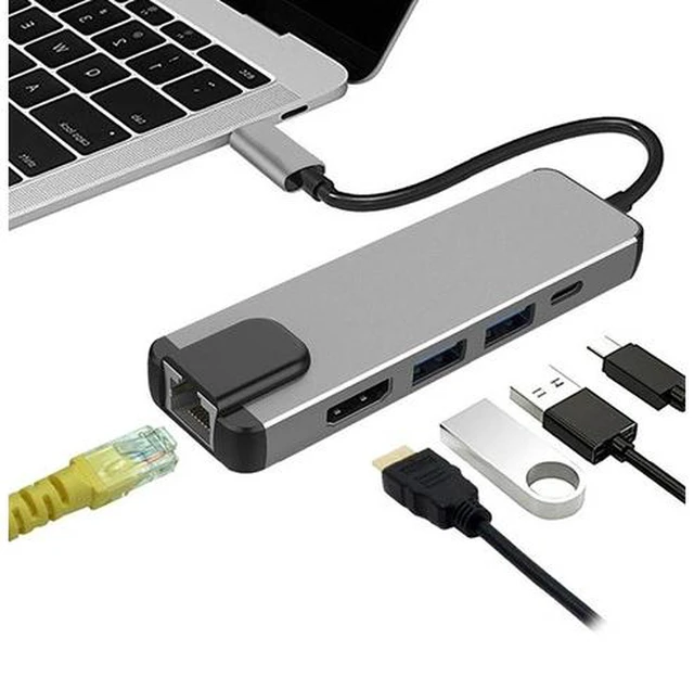 Main image of USB C Hub Adapter for MacBook Pro/Air, 5-in-1 USB C Adapter Multi Port with 4K HDMI, 1000Mbps Ethernet Port, 100W Power Delivery, 2 USB 3.0 Ports for MacBook/Pro/Air, Type C Windows Laptop