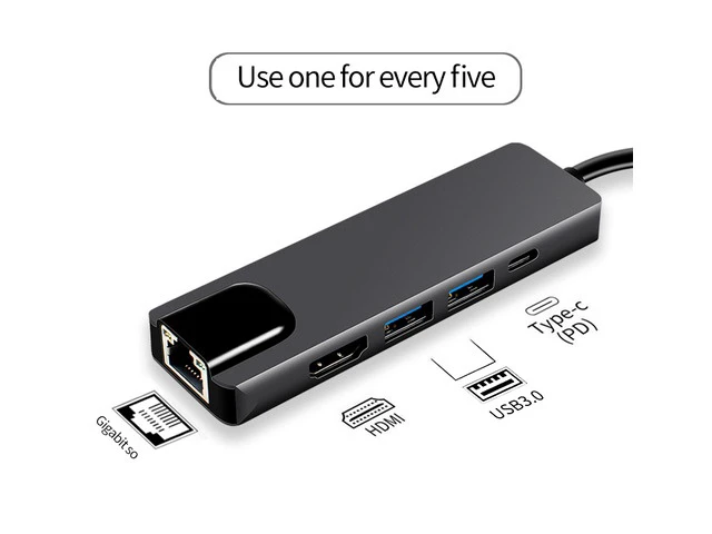 Alt view image 2 of 7 - USB C Hub Adapter for MacBook Pro/Air, 5-in-1 USB C Adapter Multi Port with 4K HDMI, 1000Mbps Ethernet Port, 100W Power Delivery, 2 USB 3.0 Ports for MacBook/Pro/Air, Type C Windows Laptop