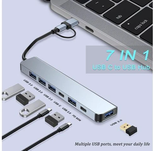 Alt view image 2 of 7 - 7-Ports USB C Hub, USB Hub to Multiport USB C Dongle Adapter 7 in 1 with 5 USB-A Ports,USB-C DataPort,60W PD,Compatible with MacBook Pro Air HP XPS and More Type C USB-A Devices