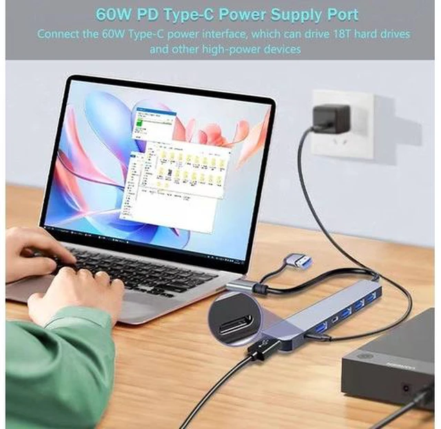 Alt view image 4 of 7 - 7-Ports USB C Hub, USB Hub to Multiport USB C Dongle Adapter 7 in 1 with 5 USB-A Ports,USB-C DataPort,60W PD,Compatible with MacBook Pro Air HP XPS and More Type C USB-A Devices