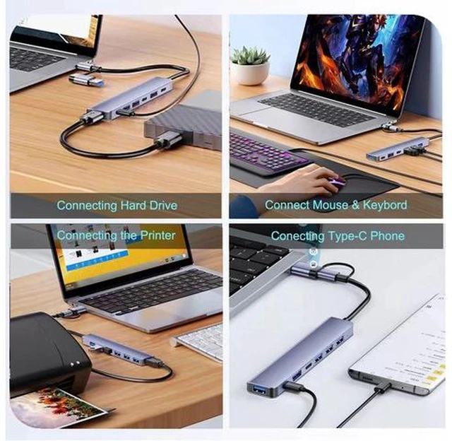 Alt view image 6 of 7 - 7-Ports USB C Hub, USB Hub to Multiport USB C Dongle Adapter 7 in 1 with 5 USB-A Ports,USB-C DataPort,60W PD,Compatible with MacBook Pro Air HP XPS and More Type C USB-A Devices