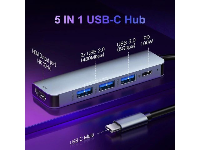 Alt view image 2 of 7 - USB C Hub 3.0 with HDMI 4K, 100W PD, 1*USB 3.0, 2*USB 2.0, 5 in 1 USB C to HDMI Hub Docking Station for MacBook Air/Pro, iPad Pro, Mac