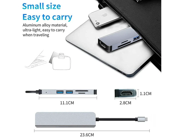 Alt view image 7 of 7 - 6 in 1 USB C Hub, USB Docking Station with 4K HDMI, 2 USB 3.0, SD Slot, TF Slot, Type C PD Port,Ultra Slim Aluminum Portable Data Hub