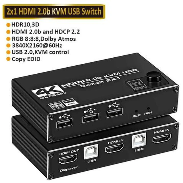 Main image of 4K@60Hz HDMI2.0 USB KVM Switch 2 in 1 Out Box, with 2 Computers 1 Monitor, 2 PCs Share 3USB Hubs, for Mac, Windows