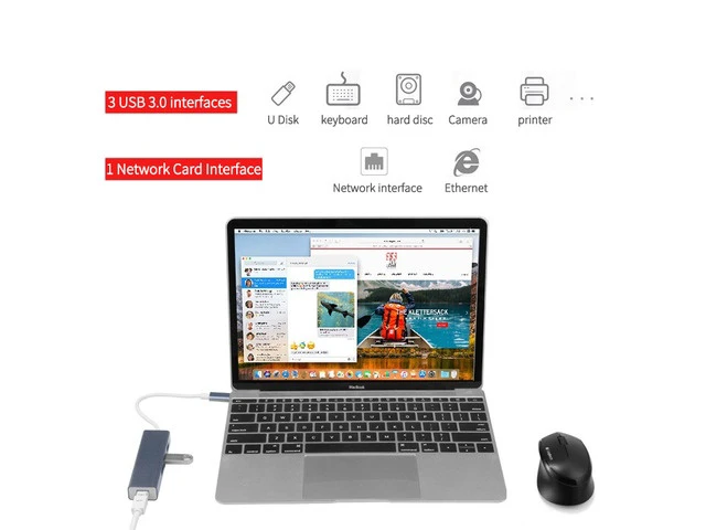 Alt view image 6 of 7 - USB-C to Gigabit Ethernet USB A 3.0 Adapter Hub for USB C Type-C Thunderbolt 3 MacBook/MacBook Pro, Dell XPS 13, HP Spectre x2 and More (Gray)