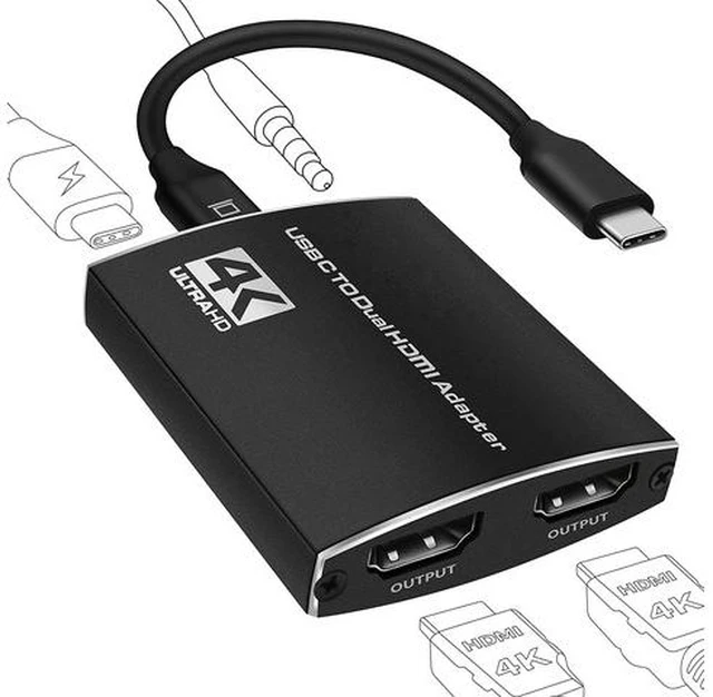 Main image of 4K@60Hz USB C to Dual HDMI Adapter with Power Delivery and 3.5mm Audio Jack, Dual Monitors Adapter USB C Adapter USB C Hub with 2 HDMI Docking Station for Laptop HP/Dell/Surface/Lenovo/Thinkpad
