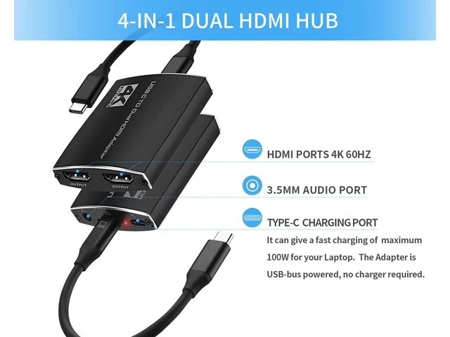 Alt view image 2 of 7 - 4K@60Hz USB C to Dual HDMI Adapter with Power Delivery and 3.5mm Audio Jack, Dual Monitors Adapter USB C Adapter USB C Hub with 2 HDMI Docking Station for Laptop HP/Dell/Surface/Lenovo/Thinkpad